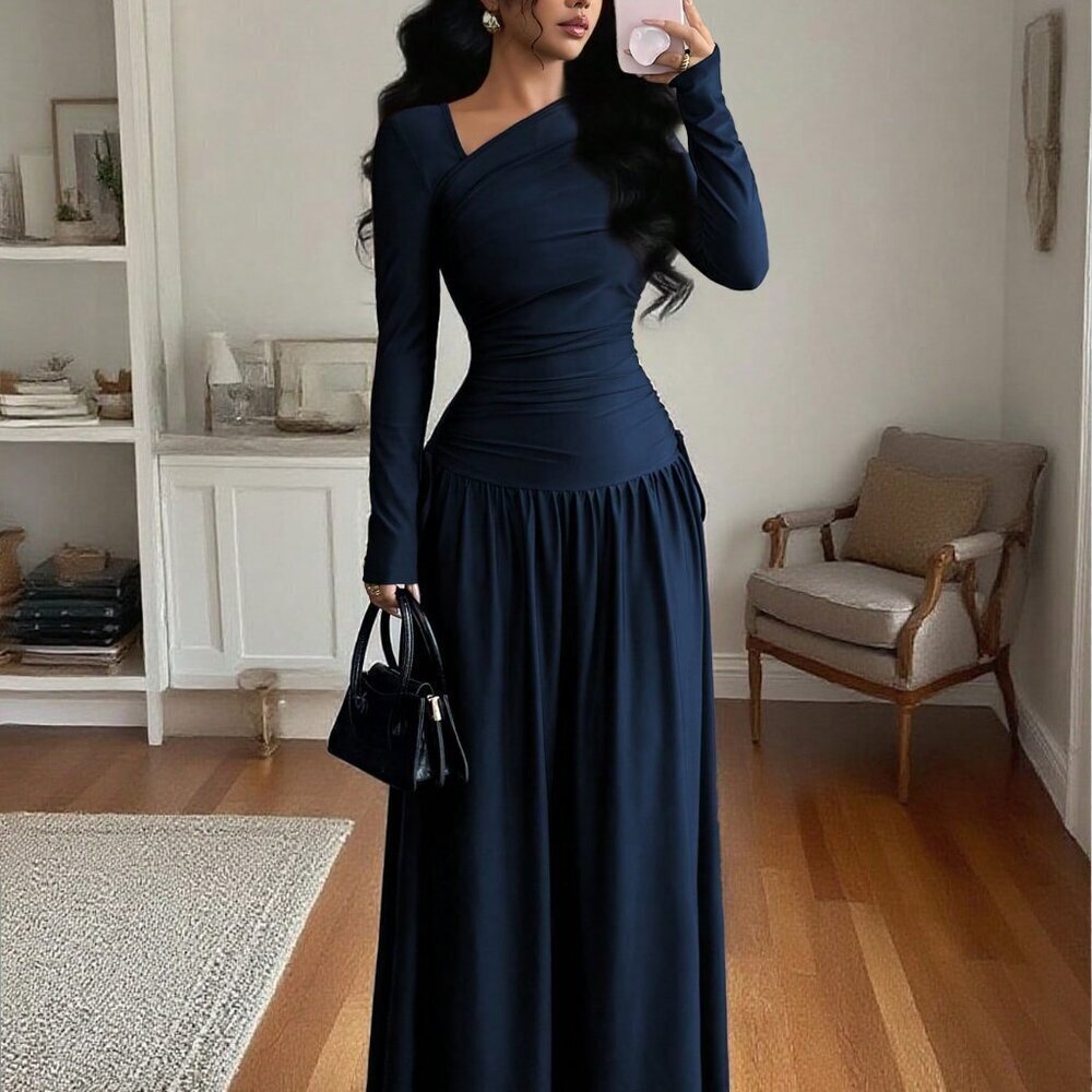 Royal Elegant Women's Oblique Collar Long Sleeve Pleated A-Line Long Dress